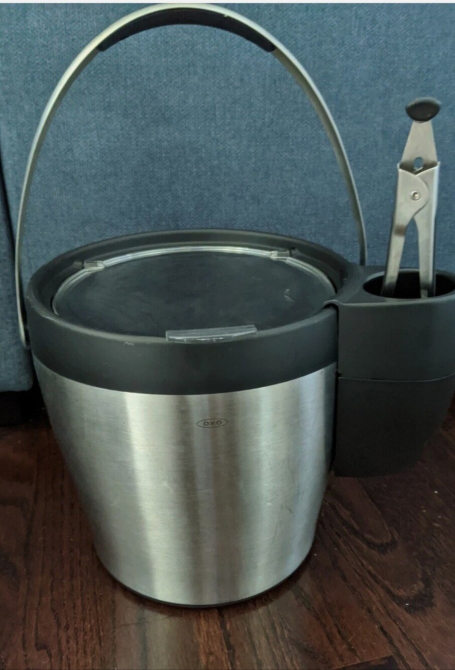 OXO Stainless Steel Ice Bucket with Black Lid and Tongs Holder